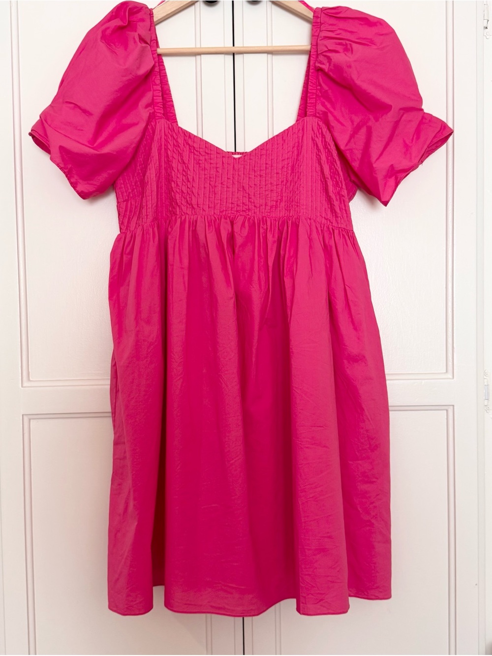 Hyacinth House Tuckernuck Fuchsia Puff Sleeve Smocked Babydoll Mini Dress L - Picture 2 of 6